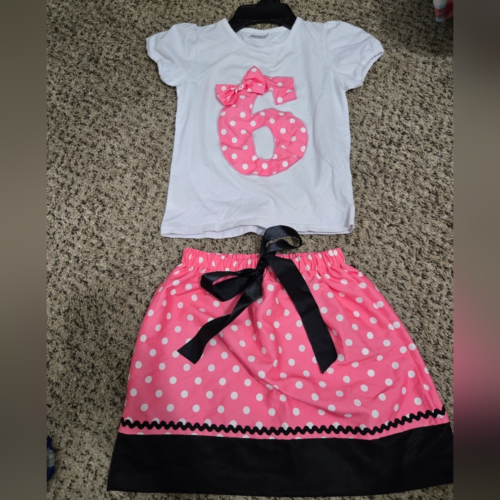 For A Birthday Girl Turning 6 Pink Polka Dot Skirt and White Top Set